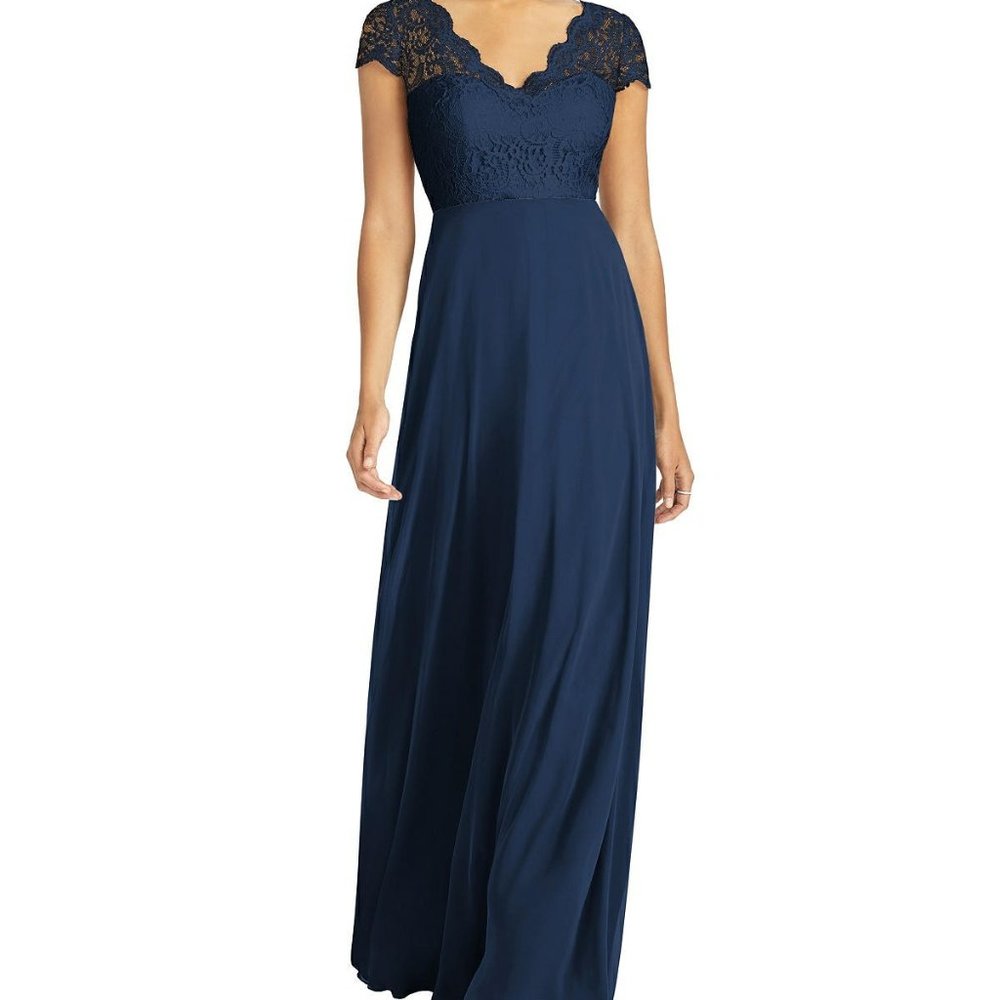 Dessy Collection Vivian Diamond Cap Sleeve Illusion Back Lace Chiffon Dress sz 6